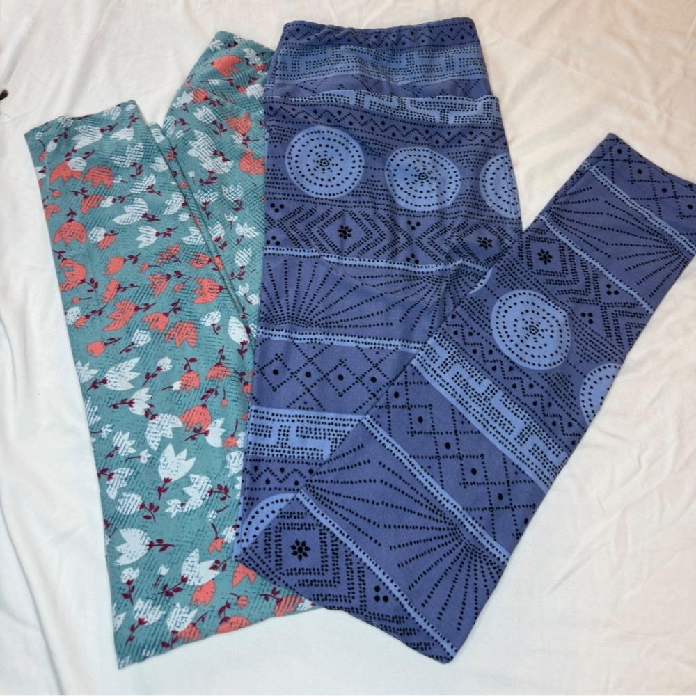 LuLaRoe Leggings Bundle Tall &‎ Curvy TC Floral Geometric Blue Teal 2 Pack